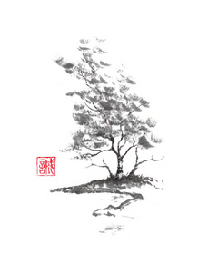 白桦树河银行日式晕染e 水墨画