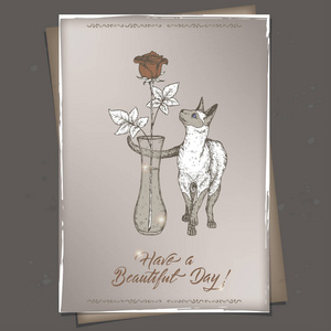 浪漫的 A4 格式老式生日卡片模板与书法 猫和草绘花瓶中的玫瑰