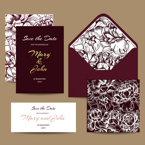 婚礼邀请卡一套。用花装饰的明信片。信封，问候卡 商务卡 无缝背景的花卉装饰风格