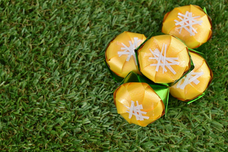 硬币与丝带折叠成形托德棕榈蛋糕 卡农 tan 于绿草为佛教受戒卡农谭是受欢迎的泰国甜品