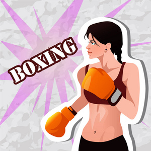 美丽的黑头发女孩在拳击手套.矢量图照片