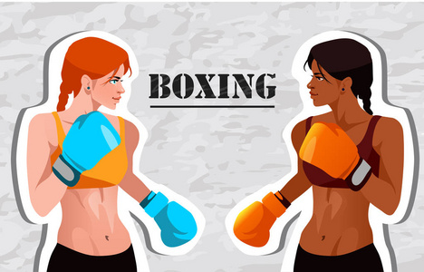 矢量图矢量复古标志的拳击与两个粉红色的手套.女子拳击的复古会徽.