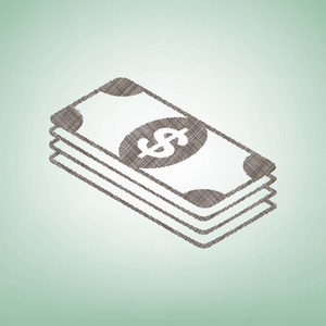 银行纸币美元符号。矢量。与光斑中心的绿色背景上的褐色亚麻图标