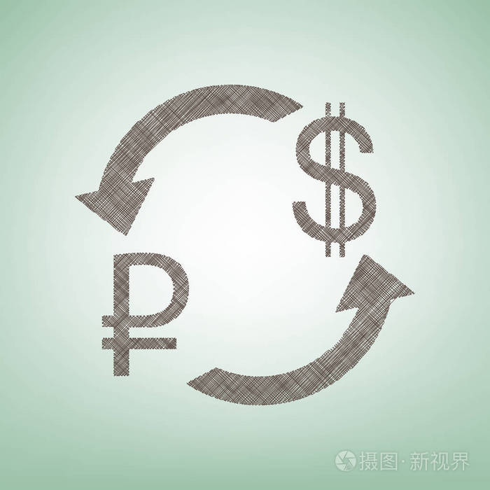 货币汇率的标志。卢布和我们美元。矢量。与光斑中心的绿色背景上的褐色亚麻图标