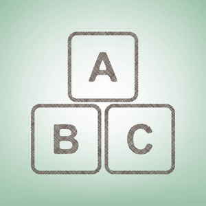 Abc 多维数据集标志图。矢量。与光斑中心的绿色背景上的褐色亚麻图标