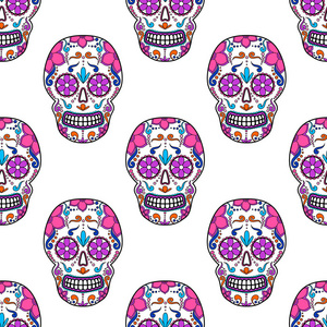 一天的死多彩头骨与花卉装饰。无缝模式。墨西哥糖头骨。矢量图