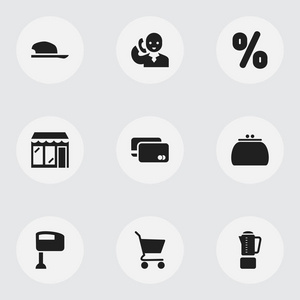 9 可编辑购物图标集。包括帽子 钱包 混合等符号。可用于 Web 移动 Ui 和数据图表设计