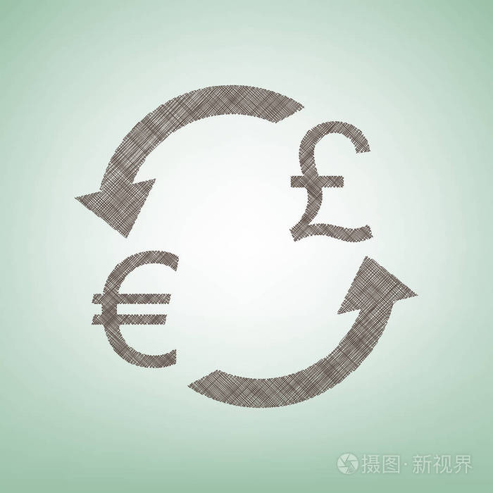 货币汇率的标志。欧元和英镑。矢量。与光斑中心的绿色背景上的褐色亚麻图标