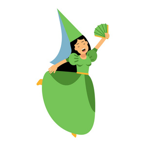 中世纪的女演员女孩子性格的绿色裙子和尖尖的帽子,炫彩矢量图照片