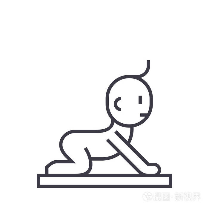 新生儿爬行矢量线图标, 标志, 插图背景,可编辑笔触插画-正版商用图片