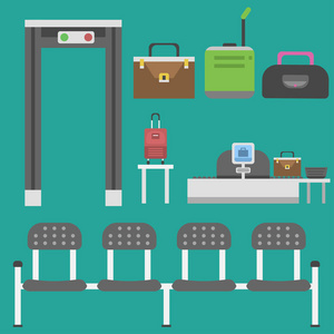 平面机场交通标志平面设计插图站概念航空港符号离境行李平面业务向量