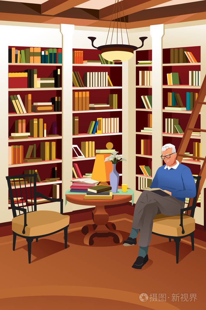 老人在图书馆看书插画-正版商用图片0uej6o-摄图新视界