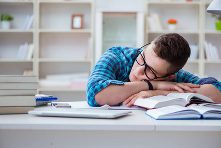 青少年为在一张桌子在室内学习的考试做准备照片