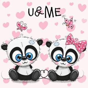 两只可爱的熊猫,心背景上照片