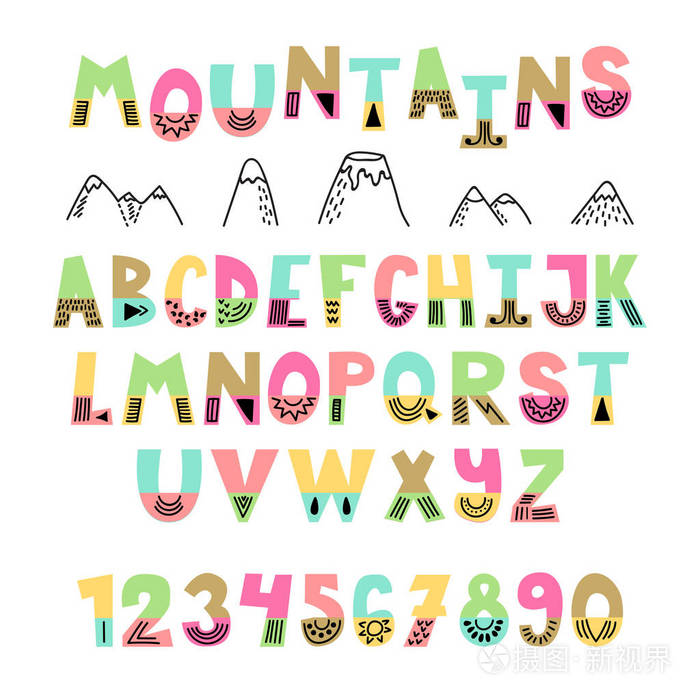 山的字体 手绘英文字母 可爱的字母和数字与装饰元素插画 正版商用图片0uepmi 摄图新视界