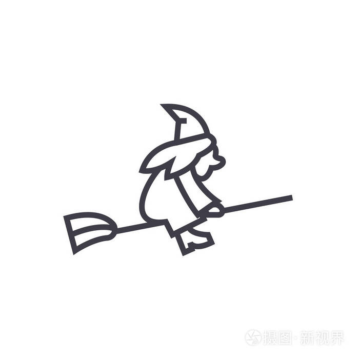 巫婆扫帚矢量线图标, 标志, 插图背景,可编辑笔触插画-正版商用图片0