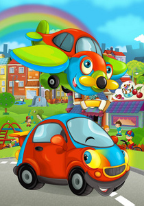 插画家园卡通微笑和开车穿越城市-儿童插画,每一天汽车照片