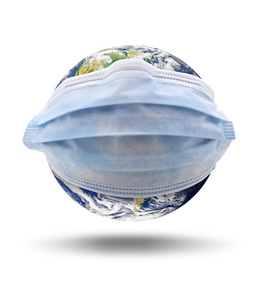 地球与面具医用口罩矢量图标戴口罩的女医生生病或传染性帕格戴医用