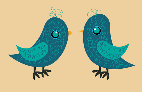两个可爱的蓝鸟图案身体，嘴黄色和蓝色的眼睛，侧视图