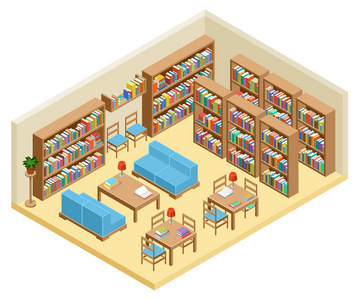 等距大厅里的图书馆，书架