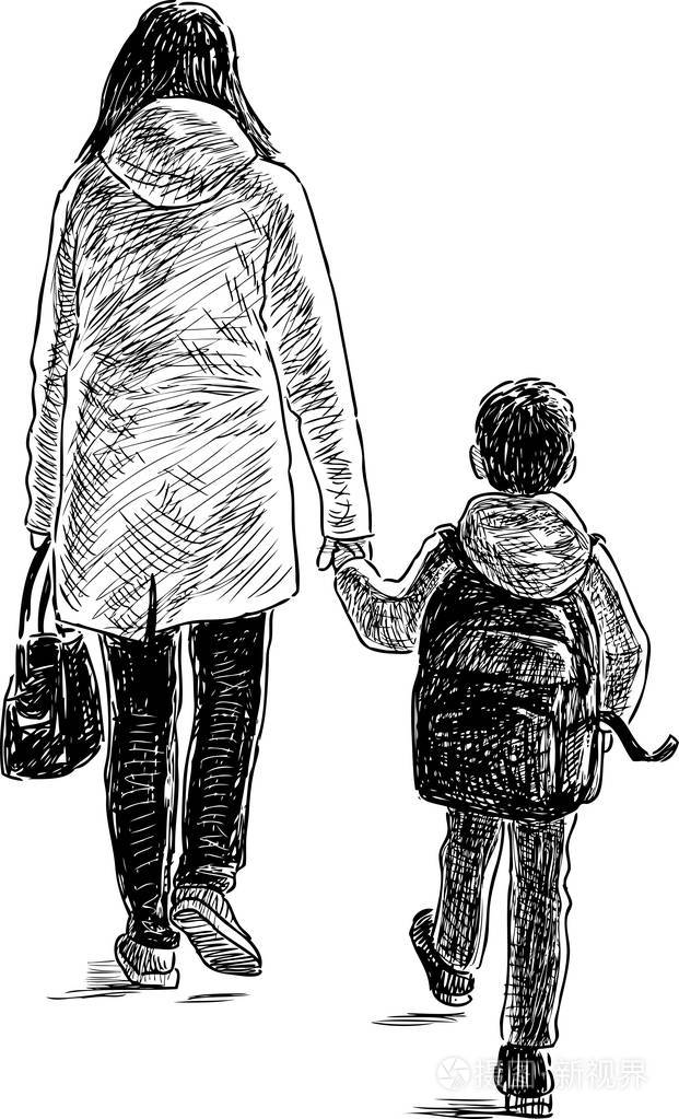 母亲和儿子去上学