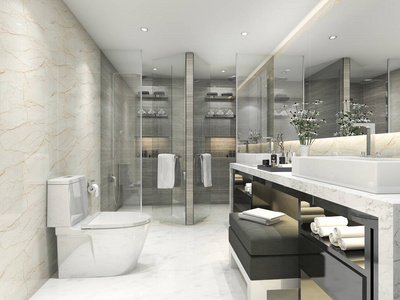 3d 渲染现代经典浴室与豪华瓷砖装饰