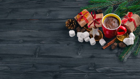 圣诞节背景与枞树 热巧克力 棉花糖。顶视图与副本空间