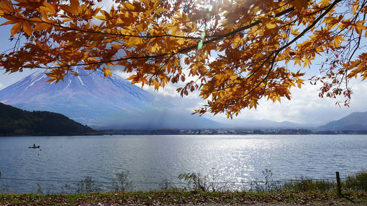 富士山在秋季日出时分在日本河口湖。芒特府