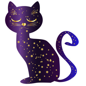 猫夜。绘有星星的夜空的猫剪影