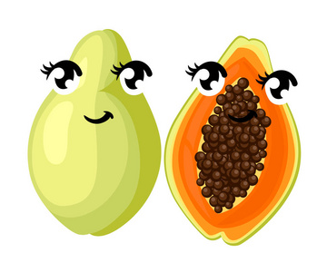 在白色背景下分离的全片和木瓜切片水果。水果与眼睛。网站页面和移动应用程序设计