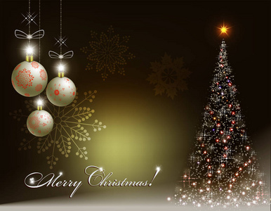 圣诞黑暗设计的球和闪亮的圣诞树
