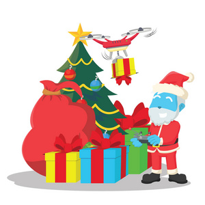 蓝色圣诞老人使用无人驾驶飞机携带圣诞礼物