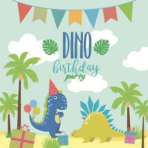 快乐的生日贺卡与有趣的恐龙。矢量插图