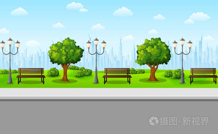 绿色城市公园与长凳,街灯和树