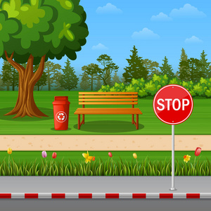 公园风景与停车标志在镇路边和长凳