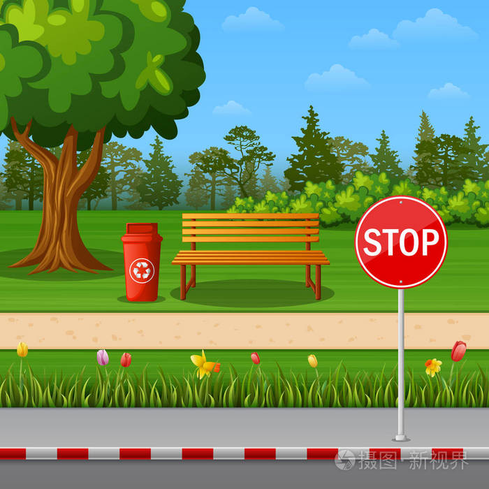 公园风景与停车标志在镇路边和长凳