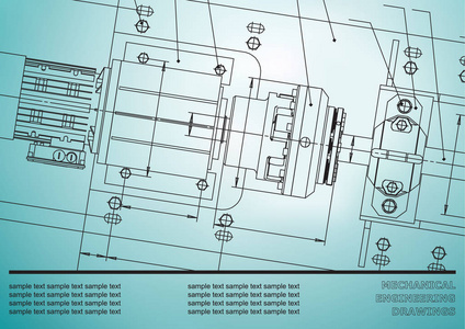 机械工程图纸在浅蓝色背景。矢量.题词背景
