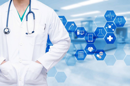 背景和医学图标六角形图案背景, 科学, 医疗保健和医疗技术概念照片