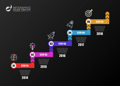 信息设计模板。时间轴概念, 具有5步骤