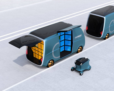 在街道上的送货面包车和无人机后视图。自动送货系统的概念。3d 渲染图像