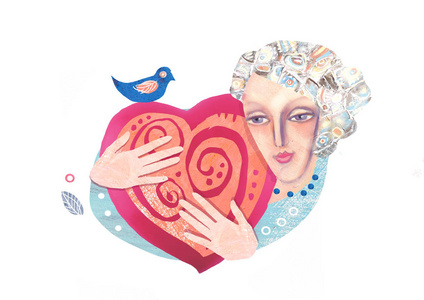 在白色背景上的孤立插图, 显示一个女人的脸和优雅的手捧着一颗伟大的心。情人节明信片