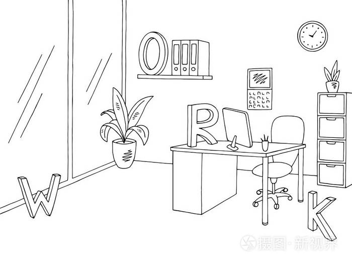 办公室空间图形黑色白色内饰素描图矢量