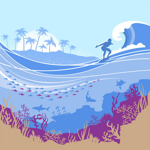 大海浪和热带岛屿矢量蓝色背景机智