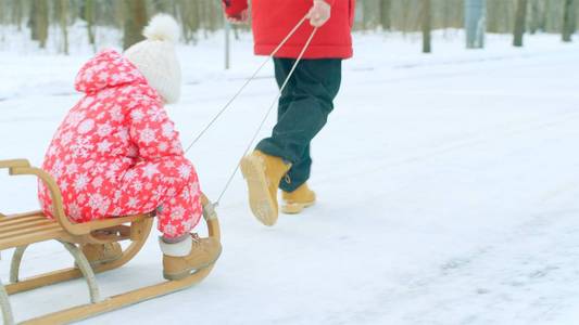 愉快的小男孩在雪撬在冬天公园与他的祖父