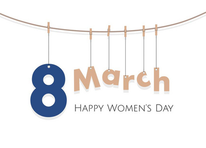 3月8日妇女日间卡片用别针在被隔绝的绳索在白色背景上
