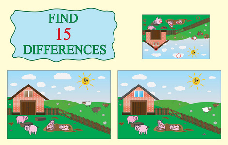 发现差异。儿童教育游戏。农场, 猪, 绵羊
