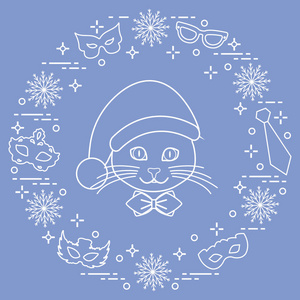 一只猫的枪口在圣诞帽和狂欢节面具, 雪花