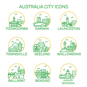矢量插画行程设计澳大利亚城市的天际线图标在白色背景下被隔离