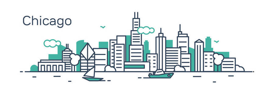 矢量图描边城市剪影的设计与摩天大楼和文本芝加哥在白色背景下隔离