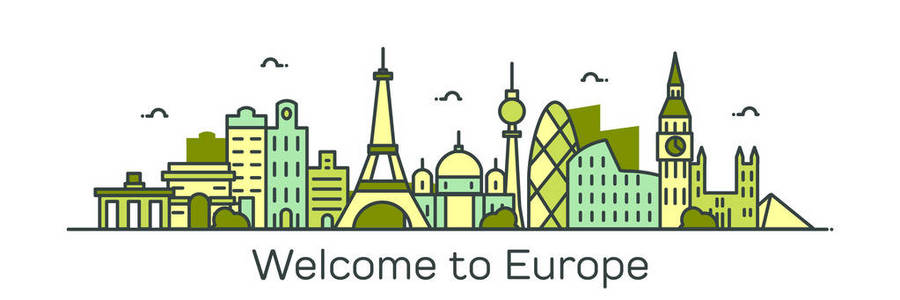 矢量插画设计绿色天际线城市剪影与摩天大楼和文本欢迎欧洲在白色背景下隔离